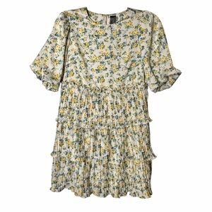 Code Mode Floral Puff Sleeve Tiered Ruffle Mini Dress Keyhole Button Size M